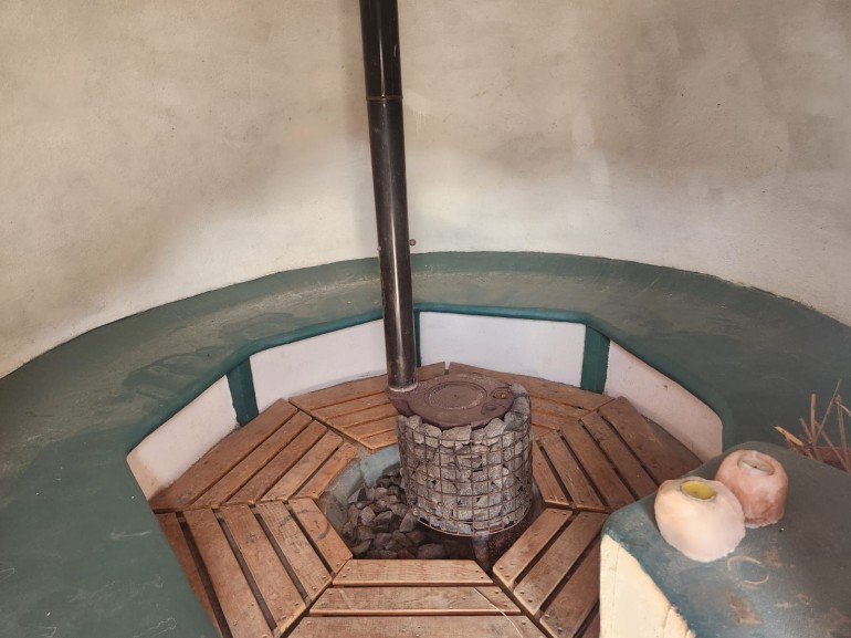 Inside the clay sauna